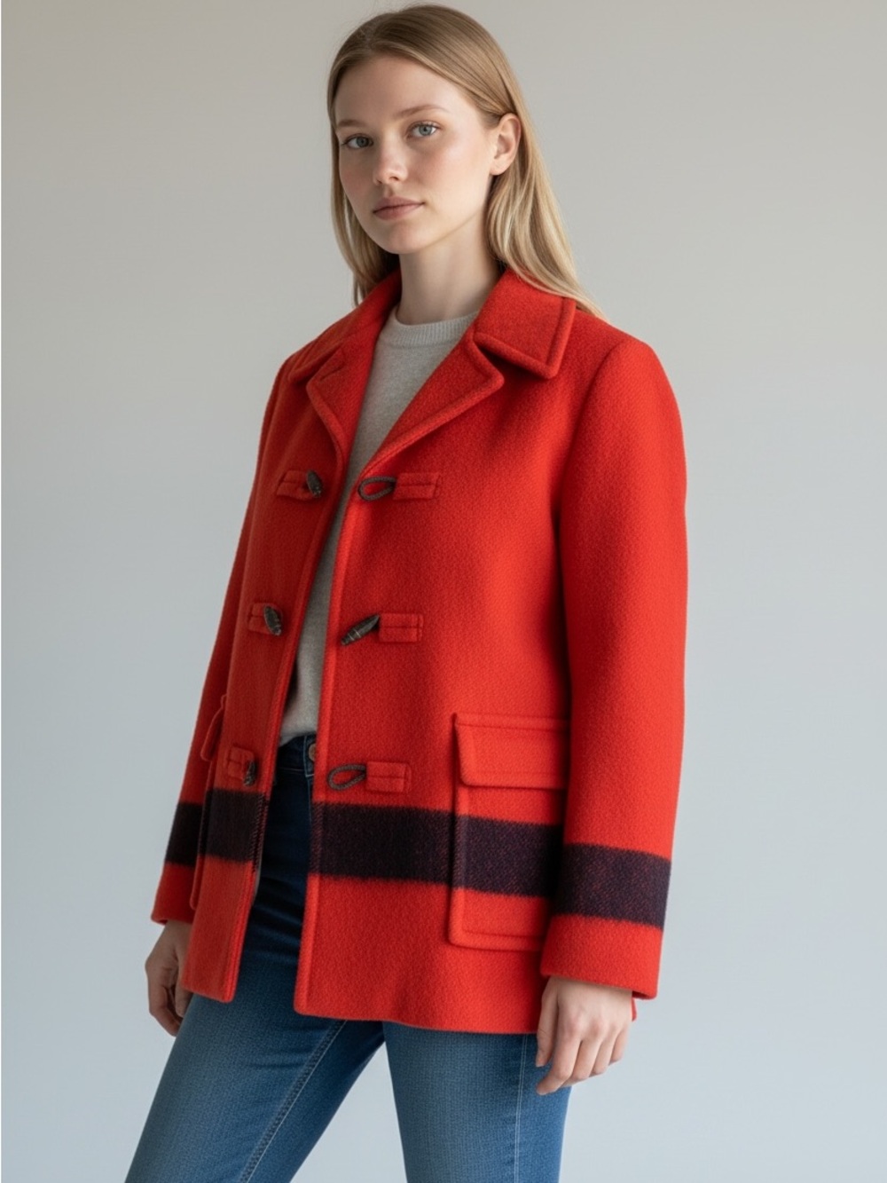 VINTAGE Hudson Bay Company Wool Point Blanket Coat RED Toggle Closure England